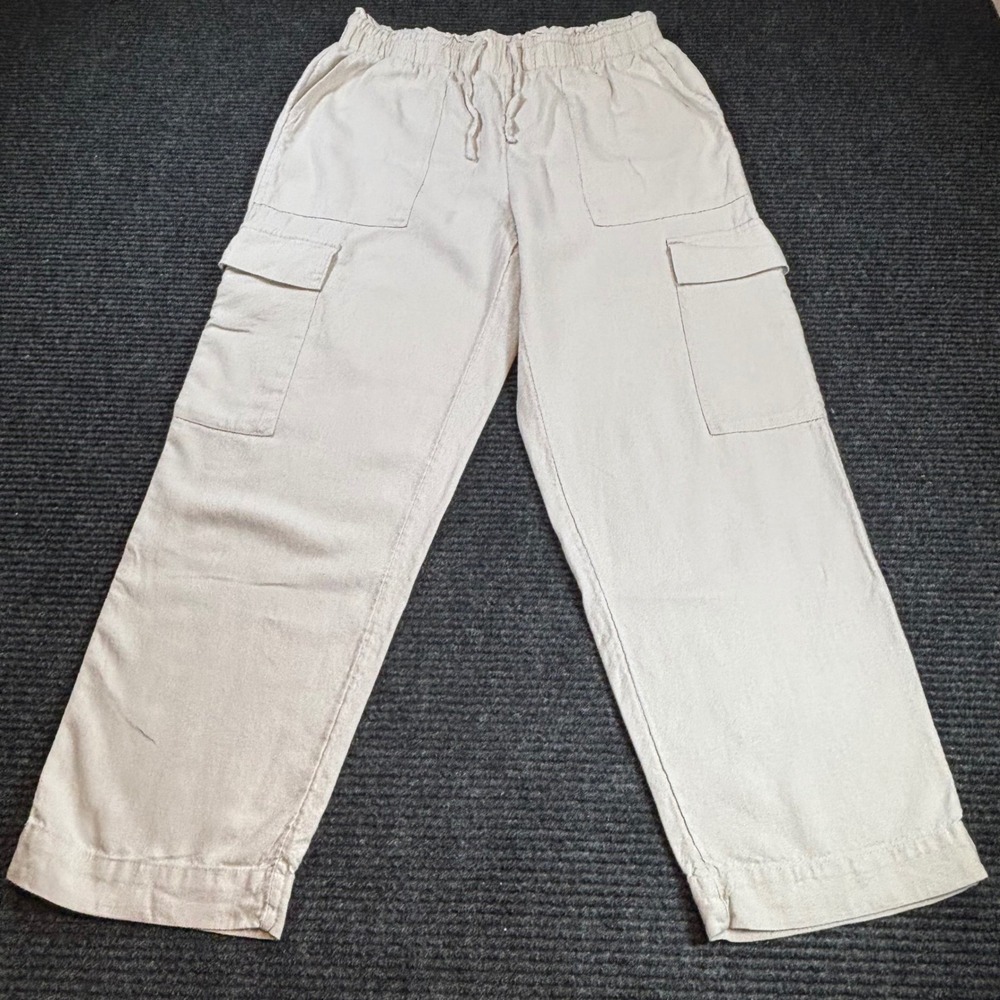Time and Tru Womens Linen Blend Cargo‎ Pants Beige Elastic Waist Sm 4-6 TT16100